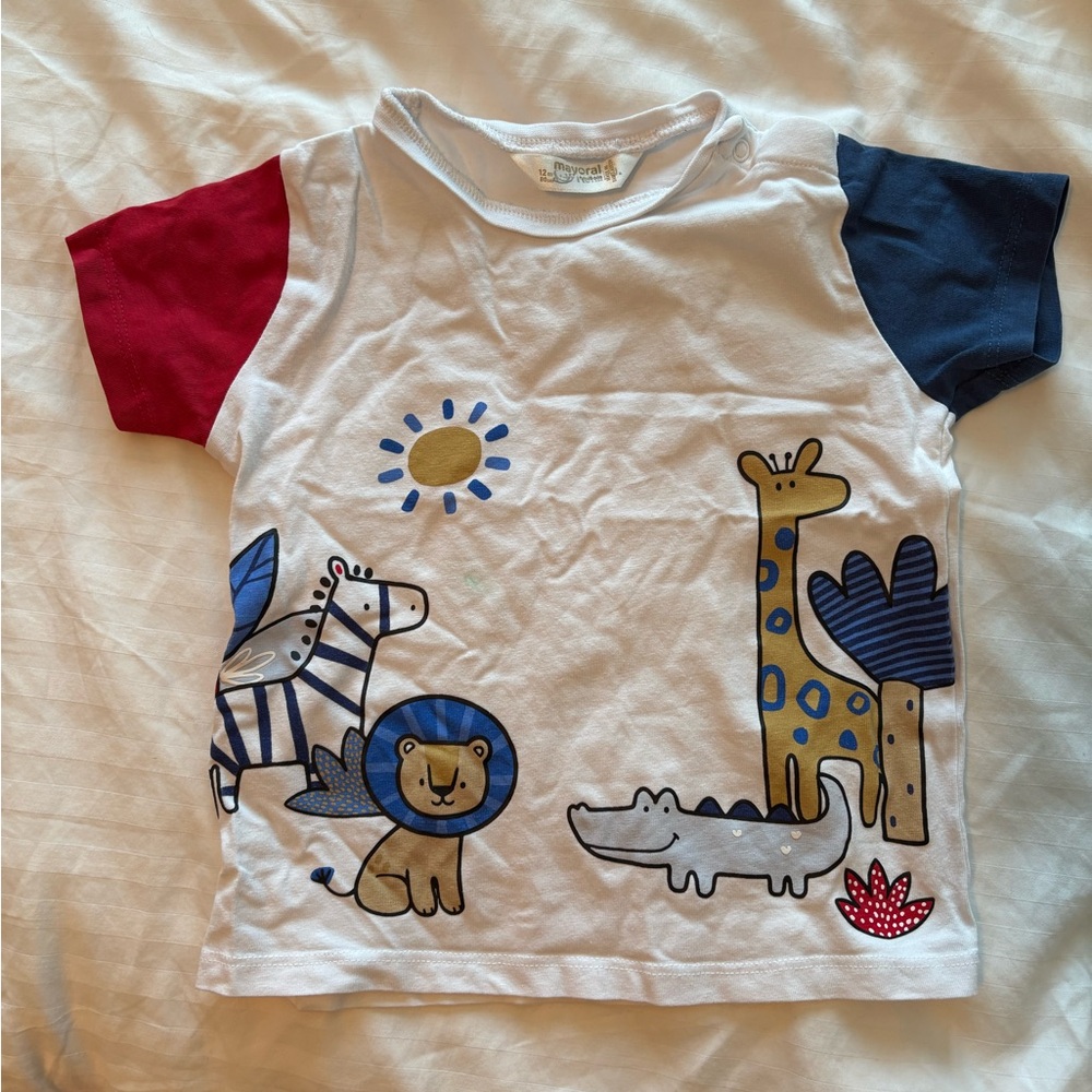 Mayoral White Tee with Red & Navy Contrast Sleeves and Safari Print - Picture 1 of 2